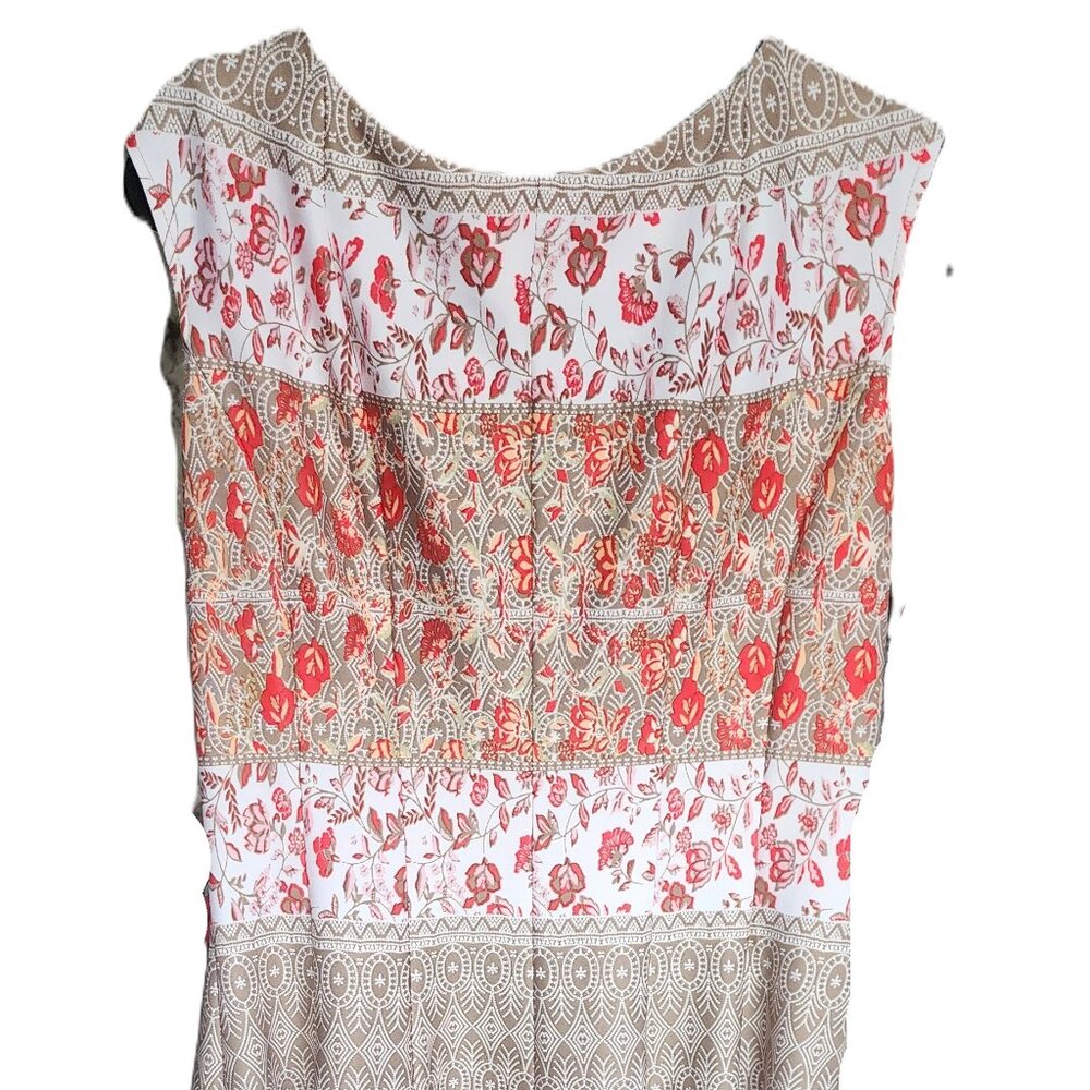 Gabby Skye Fit and Flare Dress, Cap Sleeves, Back Zipper-Coral/Beige- Womens 14